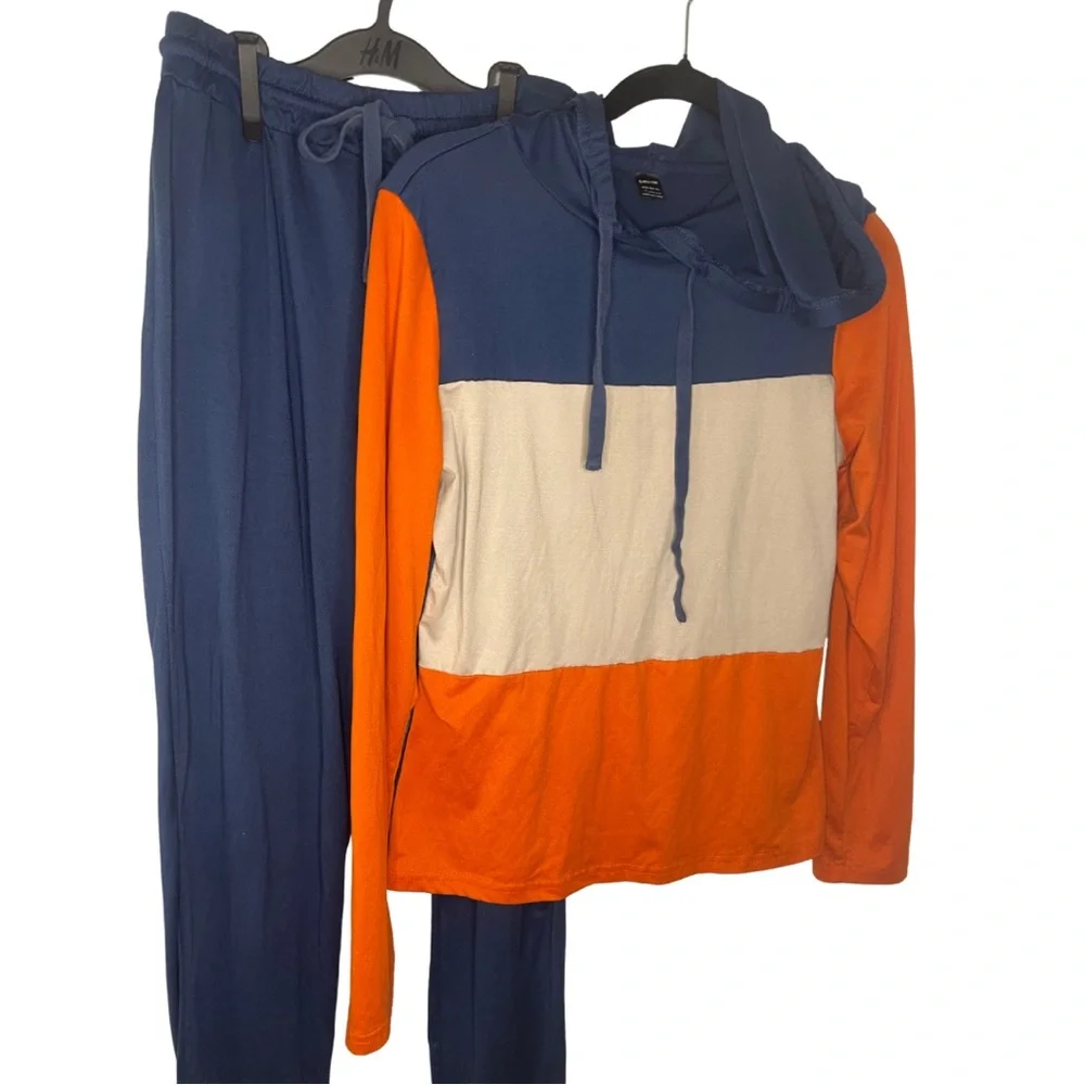 SHEIN Navy Blue Orange and Cream Colorblock Hoodie Jogger Set